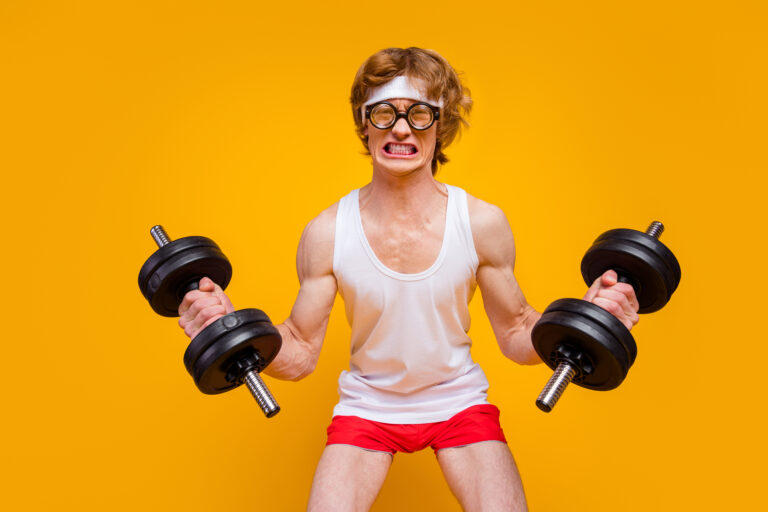 Portrait of his he nice attractive funky motivated guy sportsman lifting heavy barbell endurance hard regime plan isolated over bright vivid shine vibrant yellow color background